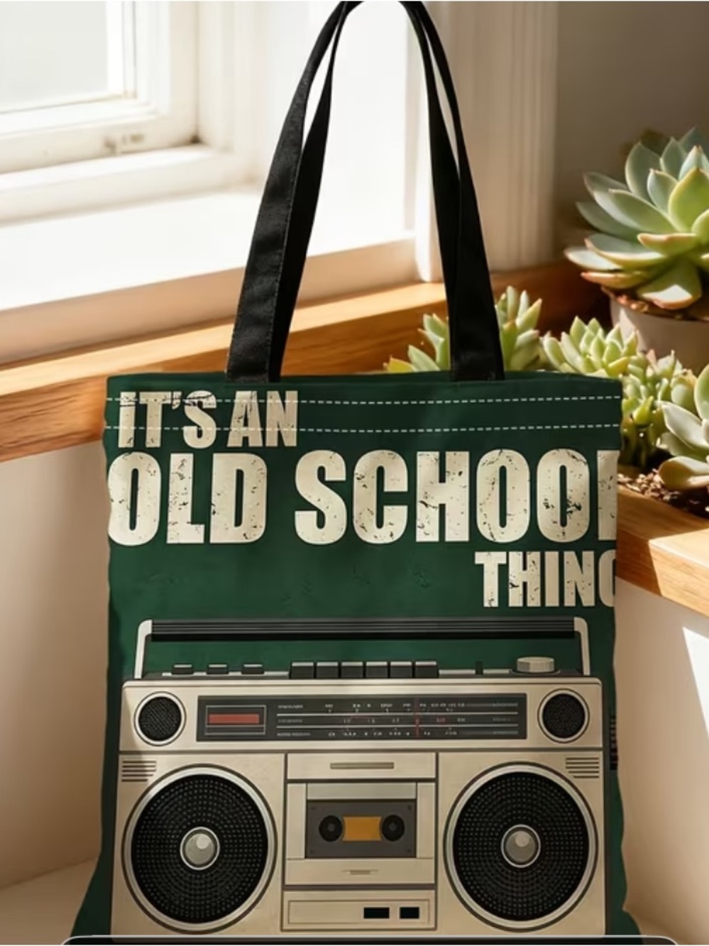 Classic Retro Radio Print Tote Bag - Green